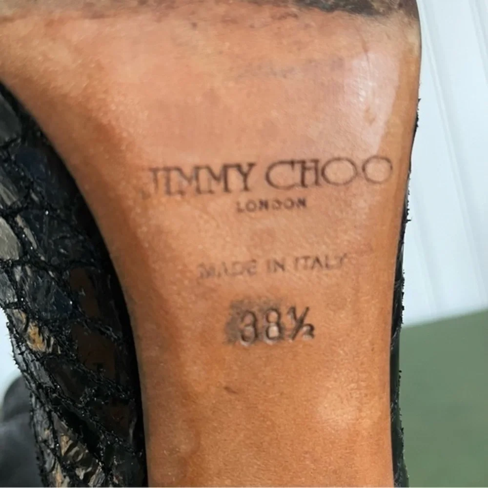 Jimmy Choo Patent Lace Spike Heeled Open Toe Booties in Black Python